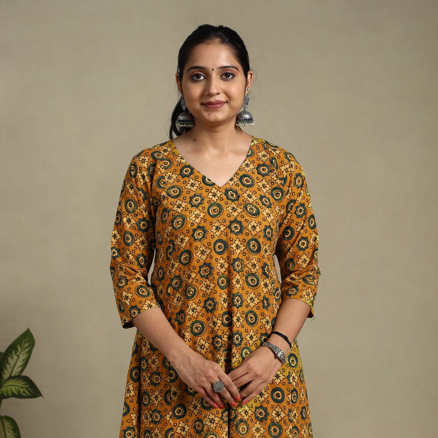 Orange Block Print Natural Dyed Cotton A-Line Ajrakh Kurta