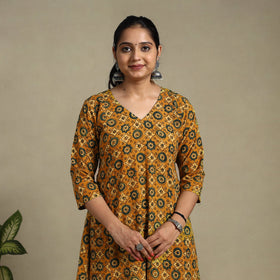 Orange Block Print Natural Dyed Cotton A-Line Ajrakh Kurta