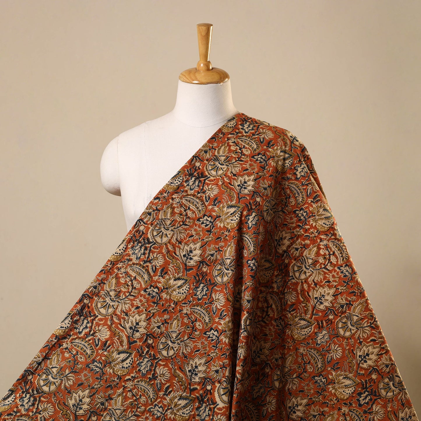 Orange Natural Dyed Block Print Cotton Pedana Kalamkari Fabric