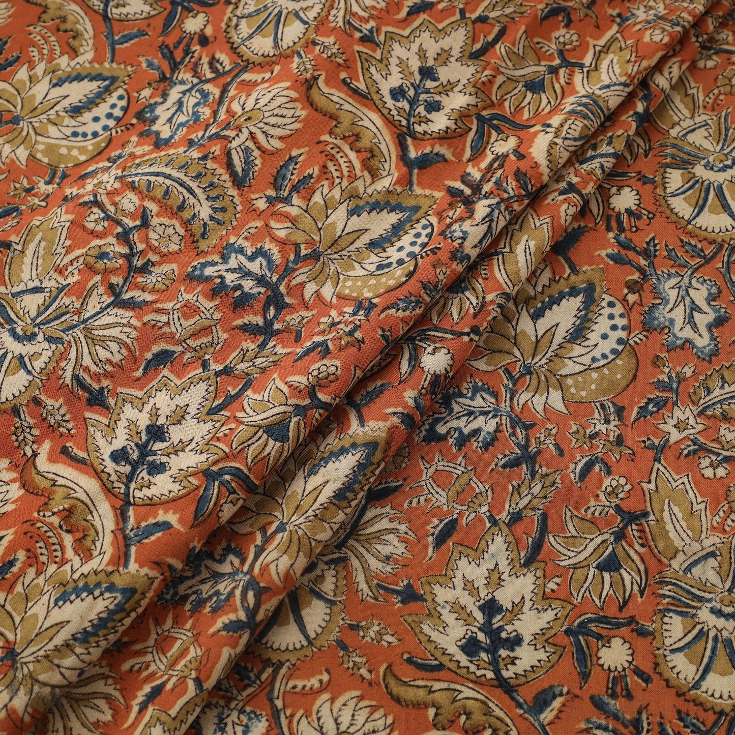 Orange Natural Dyed Block Print Cotton Pedana Kalamkari Fabric