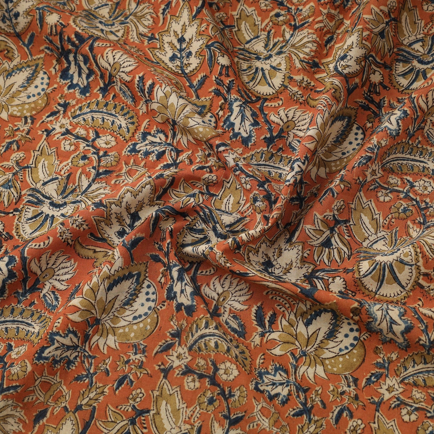 Orange Natural Dyed Block Print Cotton Pedana Kalamkari Fabric