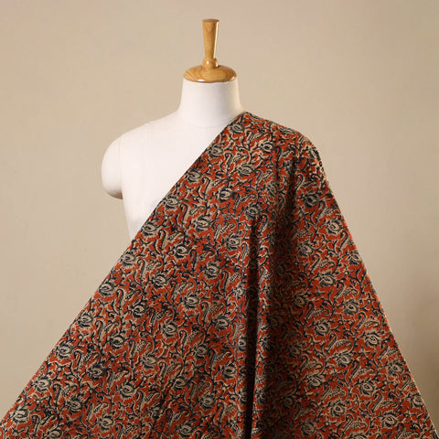 Orange Natural Dyed Block Print Cotton Pedana Kalamkari Fabric