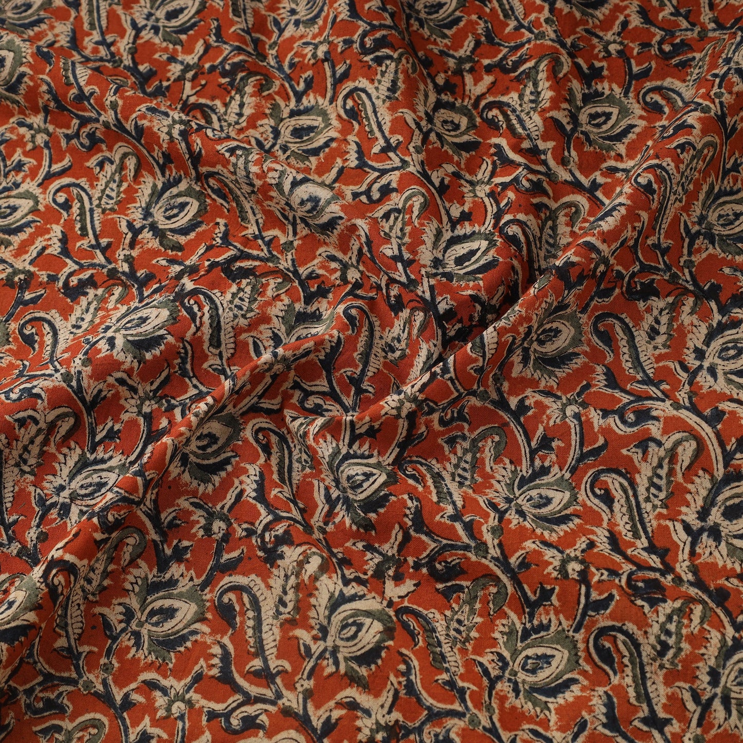 Orange Natural Dyed Block Print Cotton Pedana Kalamkari Fabric
