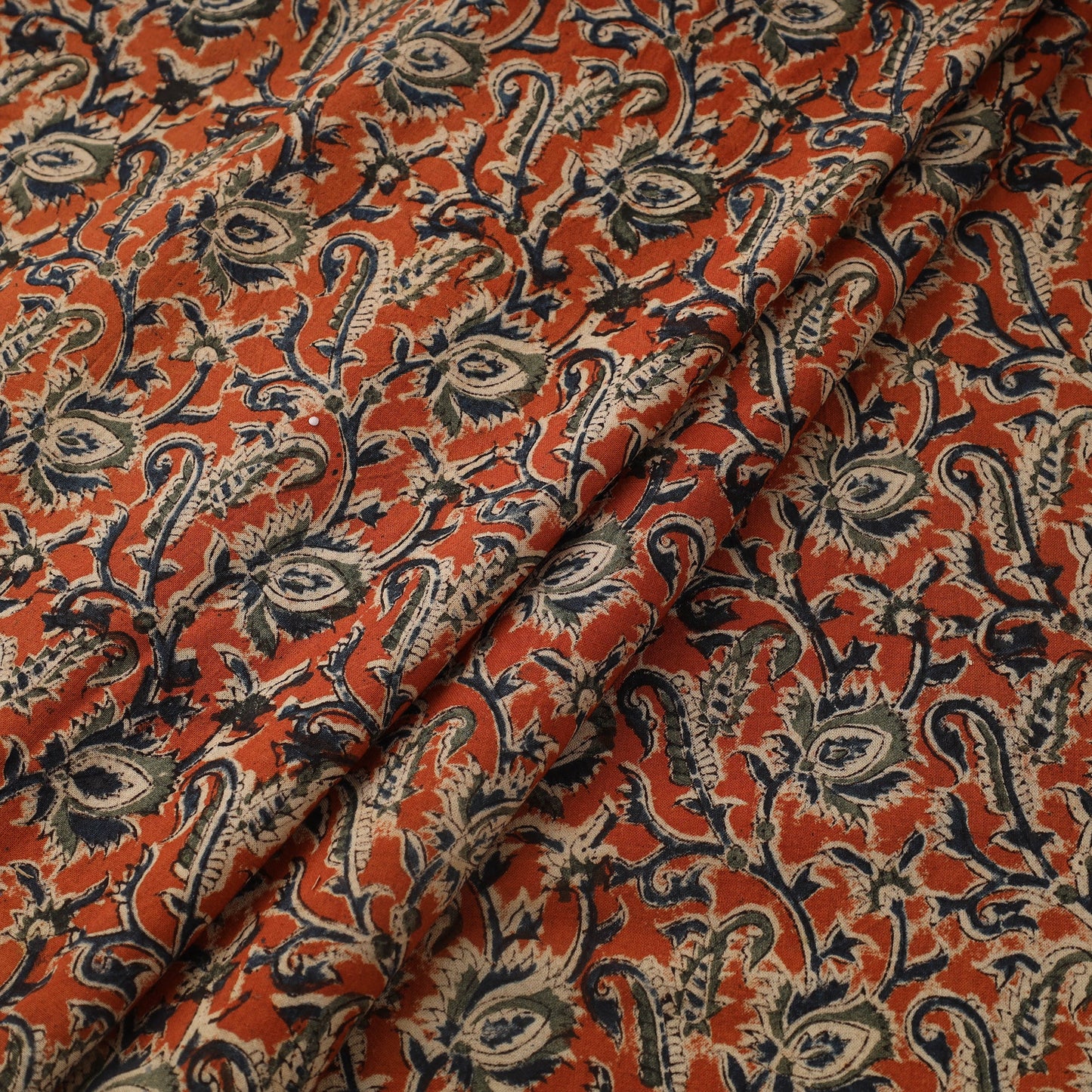 Orange Natural Dyed Block Print Cotton Pedana Kalamkari Fabric