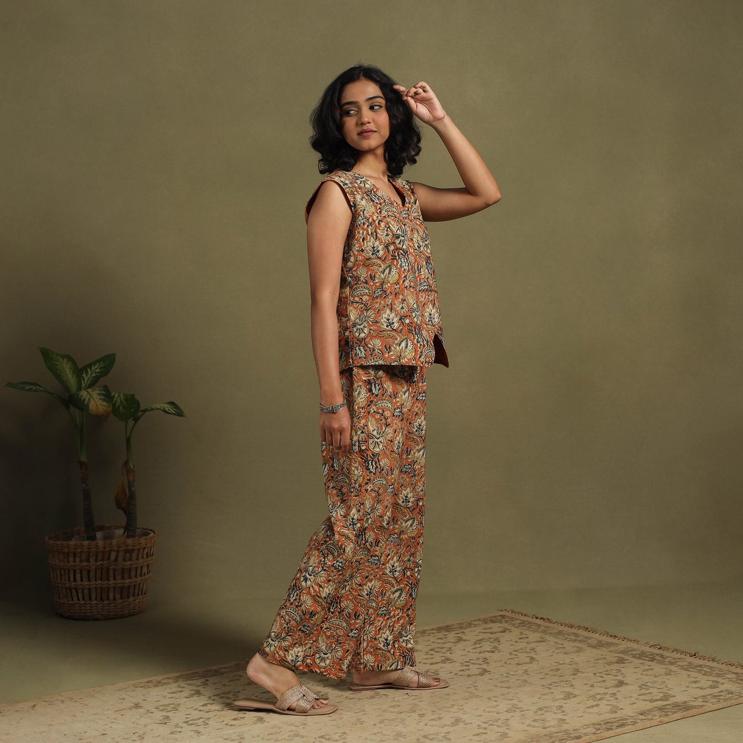 Orange Natural Dyed Block Print Cotton Pedana Kalamkari Co-ord Set