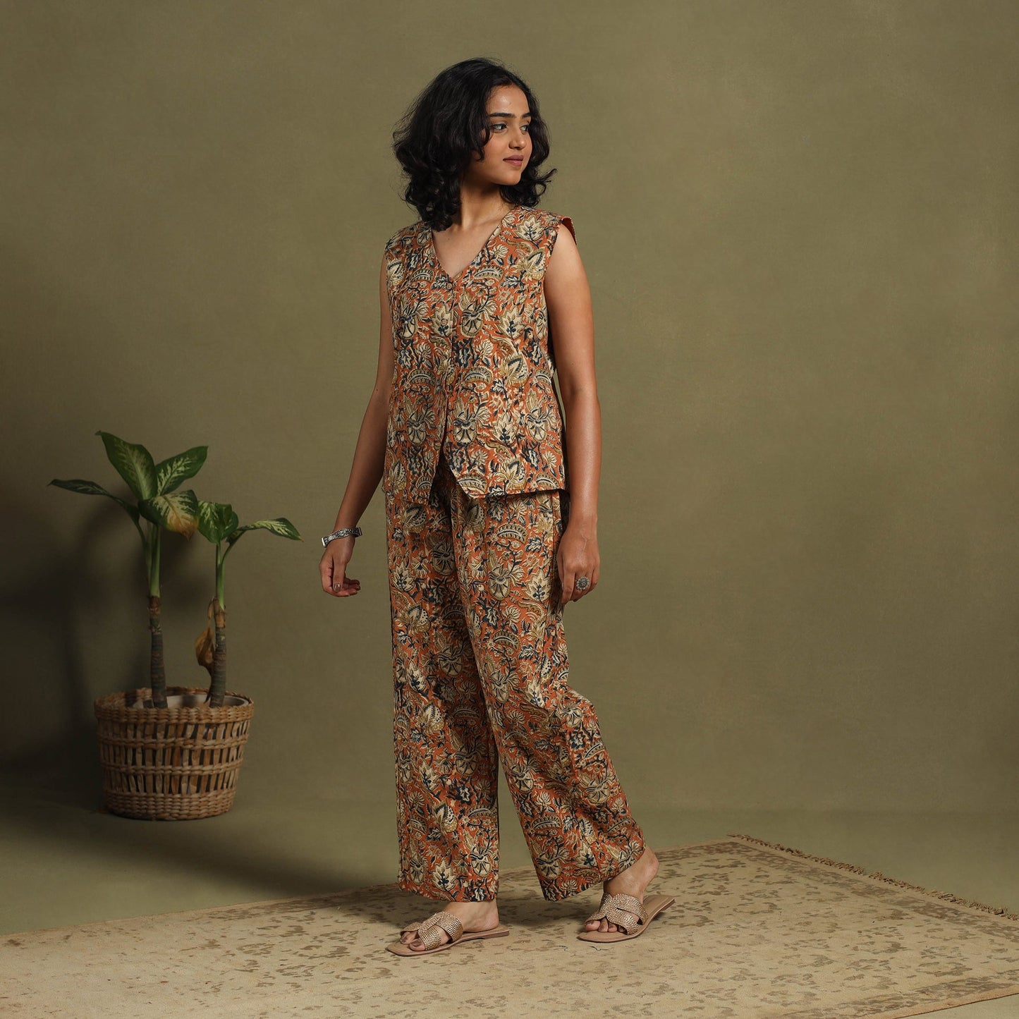 Orange Natural Dyed Block Print Cotton Pedana Kalamkari Co-ord Set