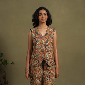 Orange Natural Dyed Block Print Cotton Pedana Kalamkari Co-ord Set