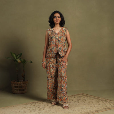Orange Natural Dyed Block Print Cotton Pedana Kalamkari Co-ord Set