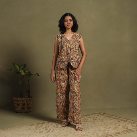 Orange Natural Dyed Block Print Cotton Pedana Kalamkari Co-ord Set
