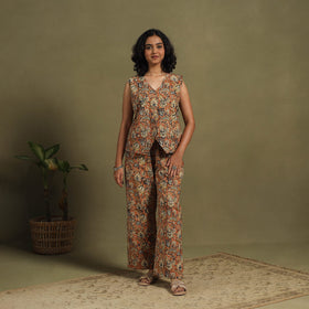 Orange Natural Dyed Block Print Cotton Pedana Kalamkari Co-ord Set