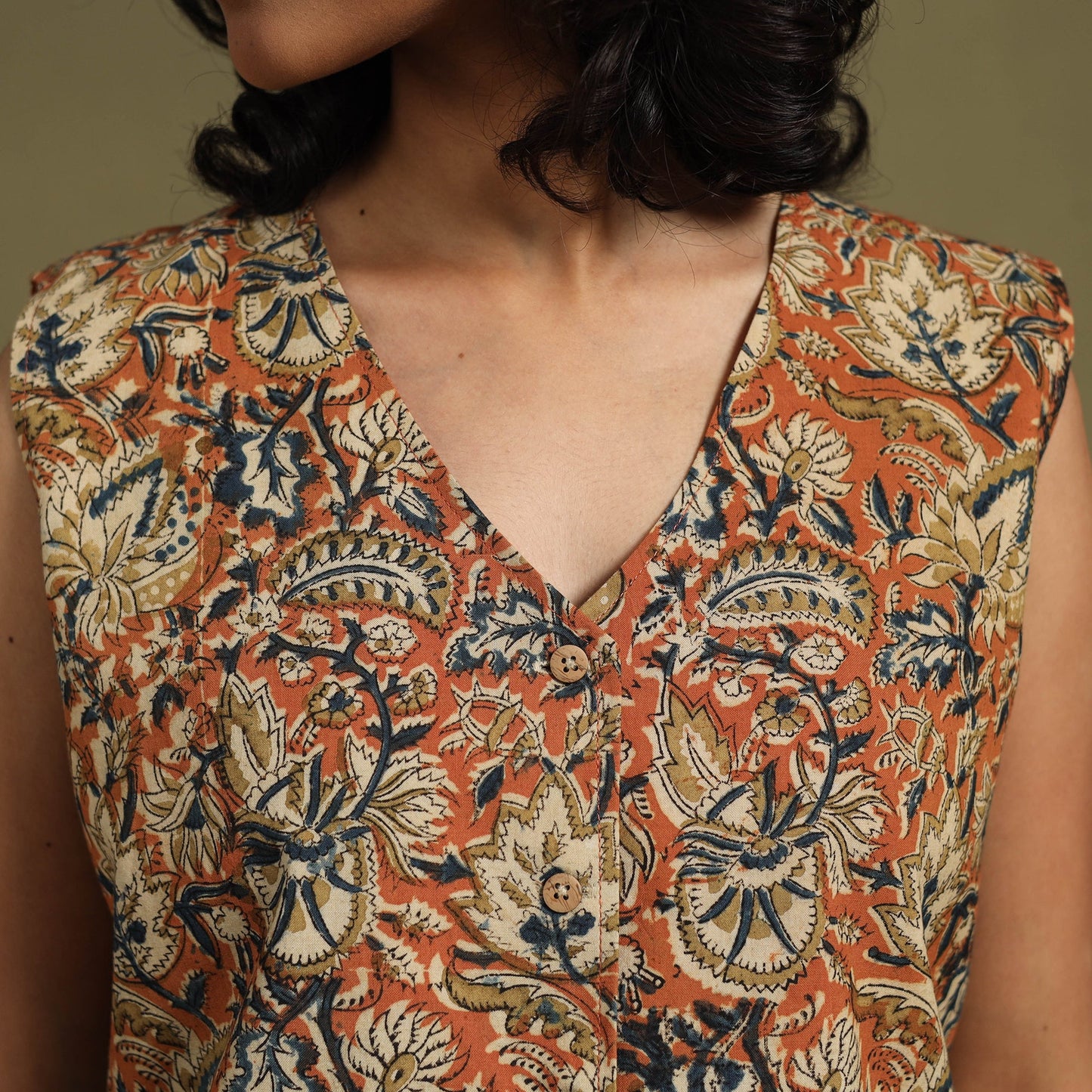 Orange Natural Dyed Block Print Cotton Pedana Kalamkari Co-ord Set