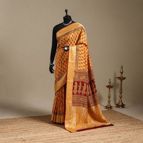 Orange - natural dyed dola silk bagh saree with zari border
