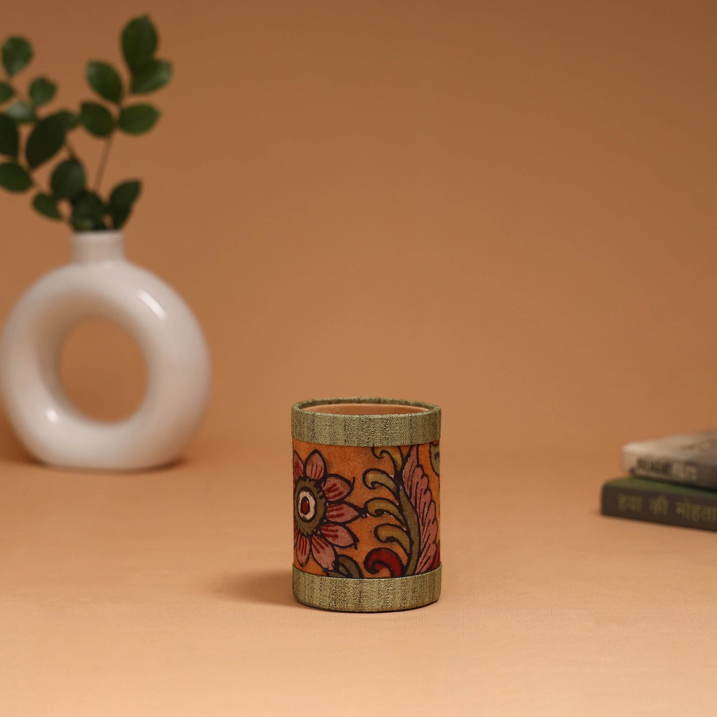 Orange - natural dyed handpainted kalamkari pen stand 01