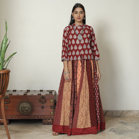  Bagh Block Printed Patchwork Cotton Long Skirt 