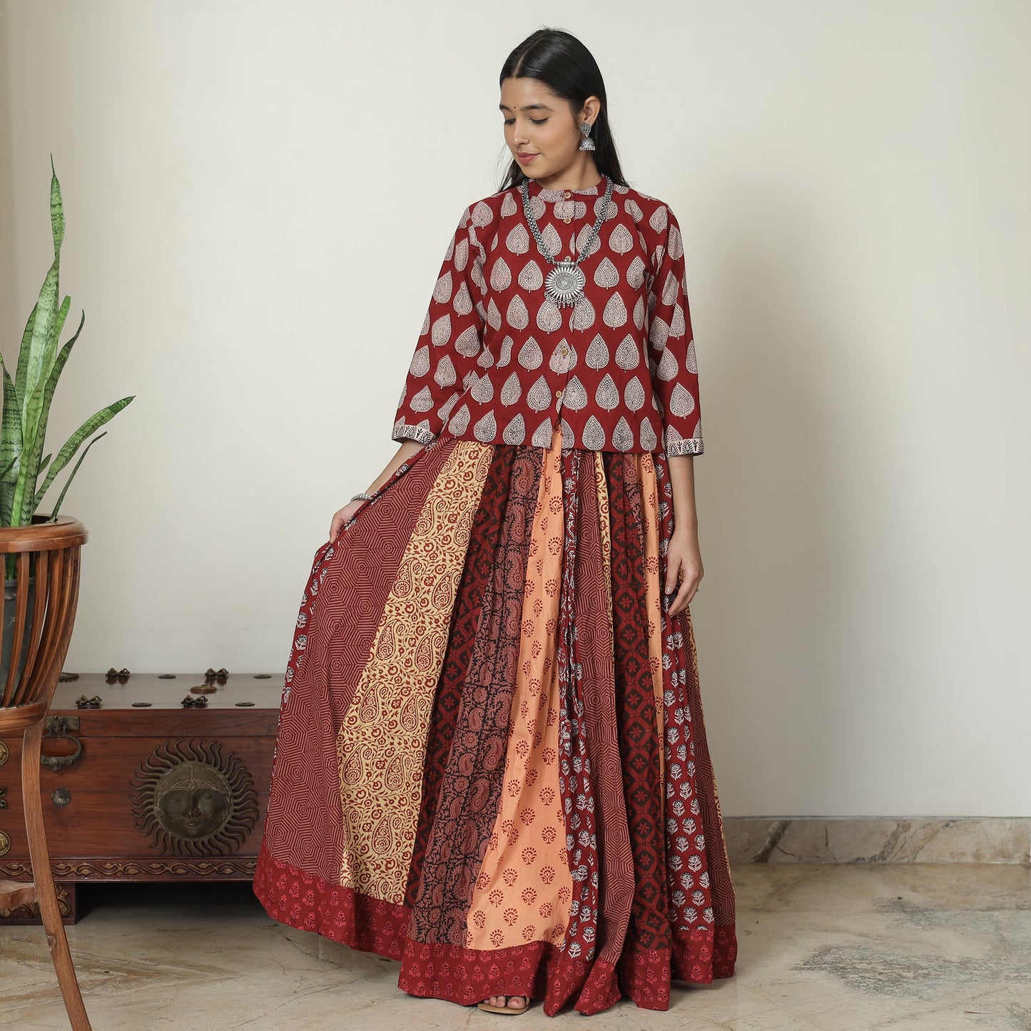  Bagh Block Printed Patchwork Cotton Long Skirt 