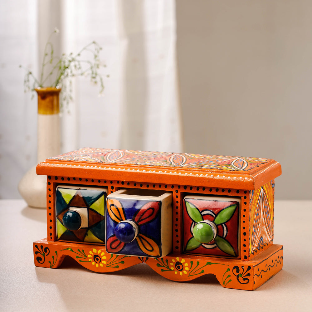  Neem Wood Hand Painted Blue Pottery Ceramic Triple Drawer Online at iTokri.com