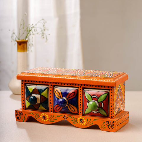 Neem Wood Hand Painted Blue Pottery Ceramic Triple Drawer Online at iTokri.com