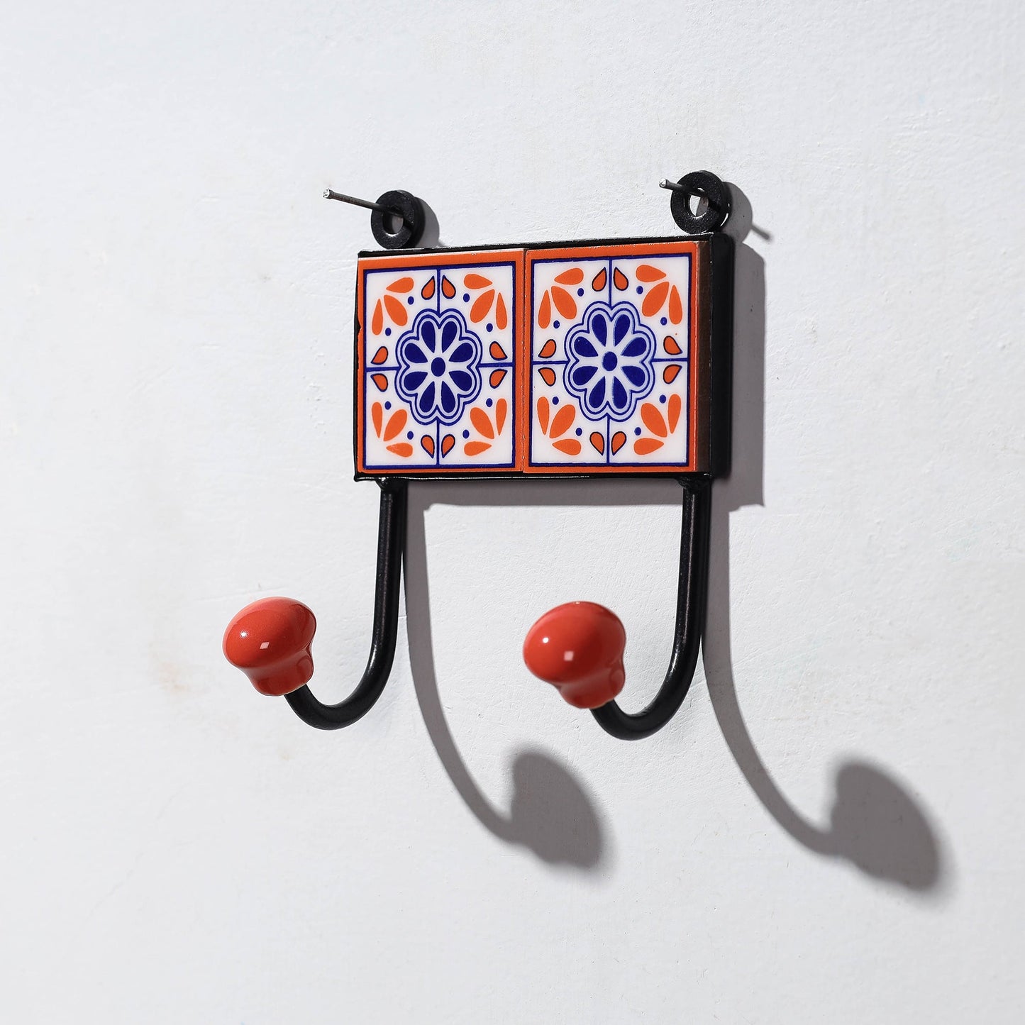  Original Blue Pottery Ceramic Tile Wall Hook Hanger (2 Peg) 