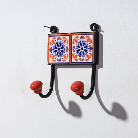  Original Blue Pottery Ceramic Tile Wall Hook Hanger (2 Peg) 