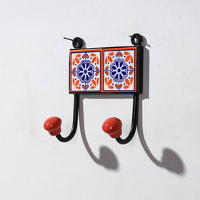  Original Blue Pottery Ceramic Tile Wall Hook Hanger (2 Peg) 