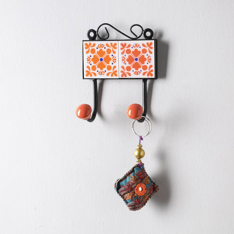  Original Blue Pottery Ceramic Tile Wall Hook Hanger (2 Peg) 