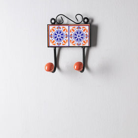 Original Blue Pottery Ceramic Tile Wall Hook Hanger (2 Peg) 
