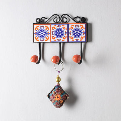  Original Blue Pottery Ceramic Tile Wall Hook Hanger (3 Peg) 