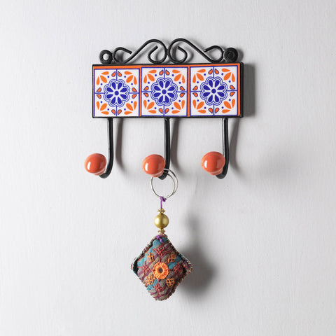  Original Blue Pottery Ceramic Tile Wall Hook Hanger (3 Peg) 