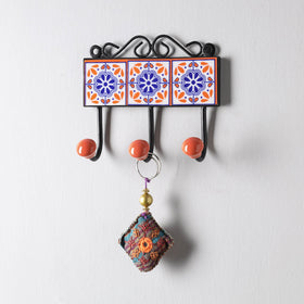  Original Blue Pottery Ceramic Tile Wall Hook Hanger (3 Peg) 
