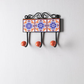  Original Blue Pottery Ceramic Tile Wall Hook Hanger (3 Peg) 