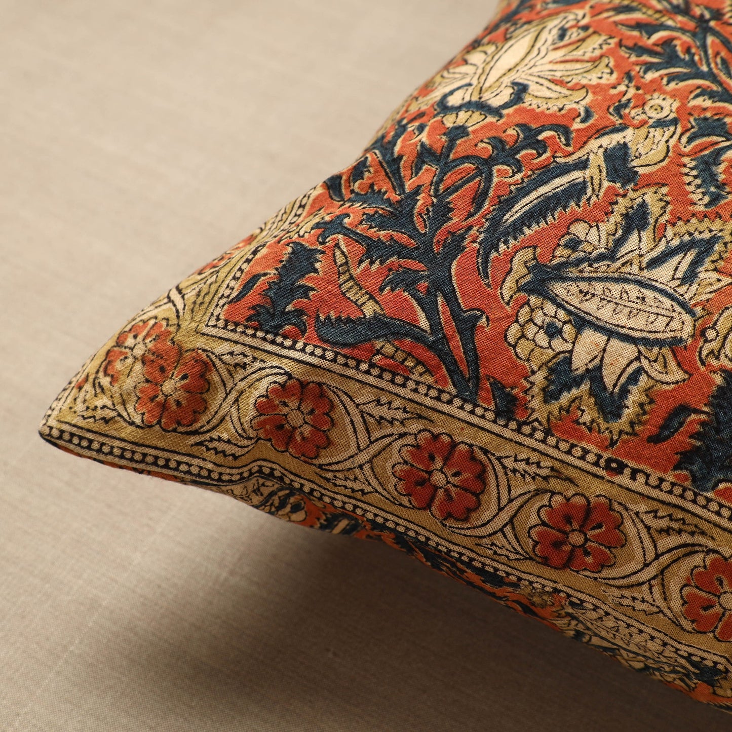 Orange Original Pedana Block Print Cotton Kalamkari Cushion Cover