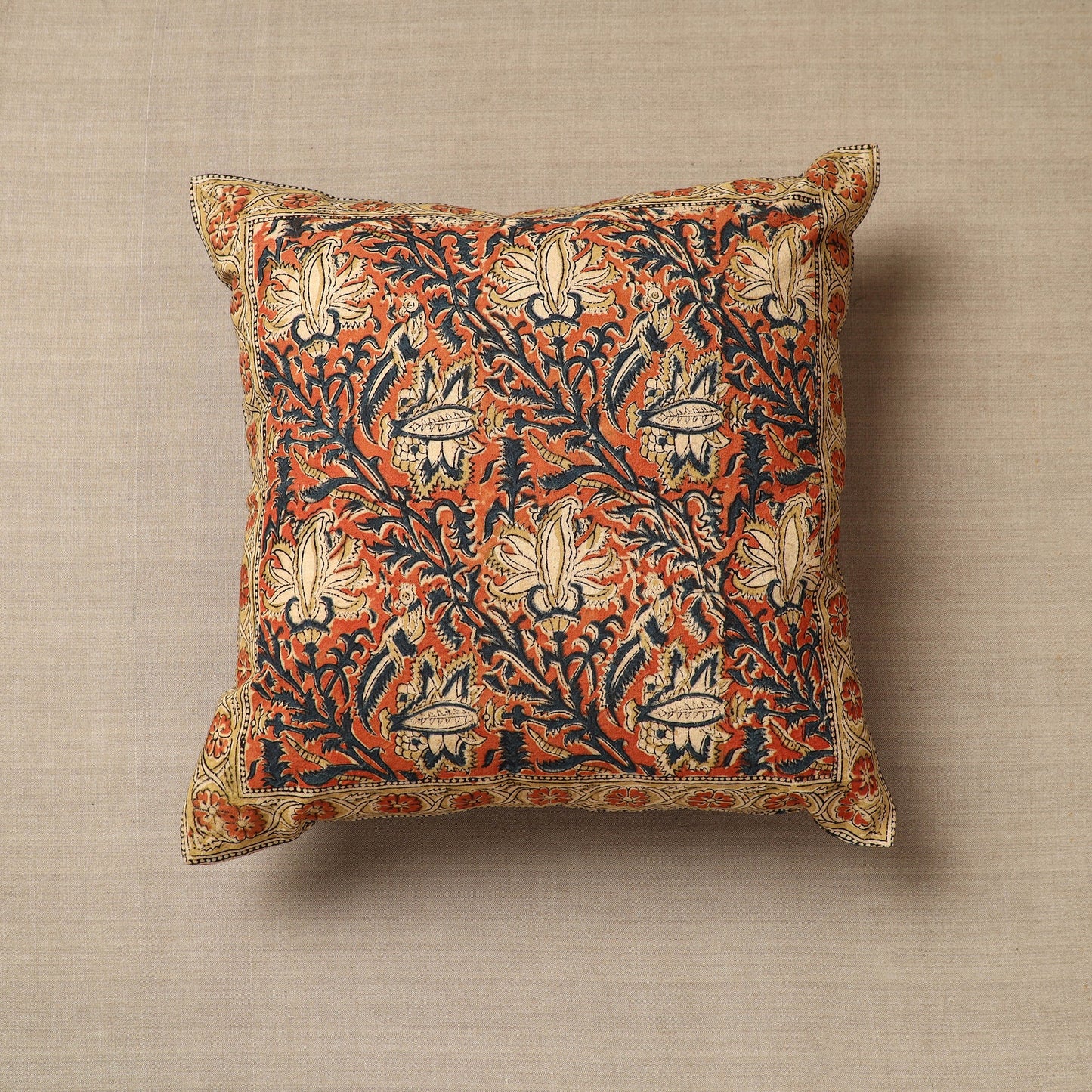 Orange Original Pedana Block Print Cotton Kalamkari Cushion Cover