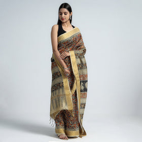 Orange Original Pedana Kalamkari Block Print Chanderi Silk Saree