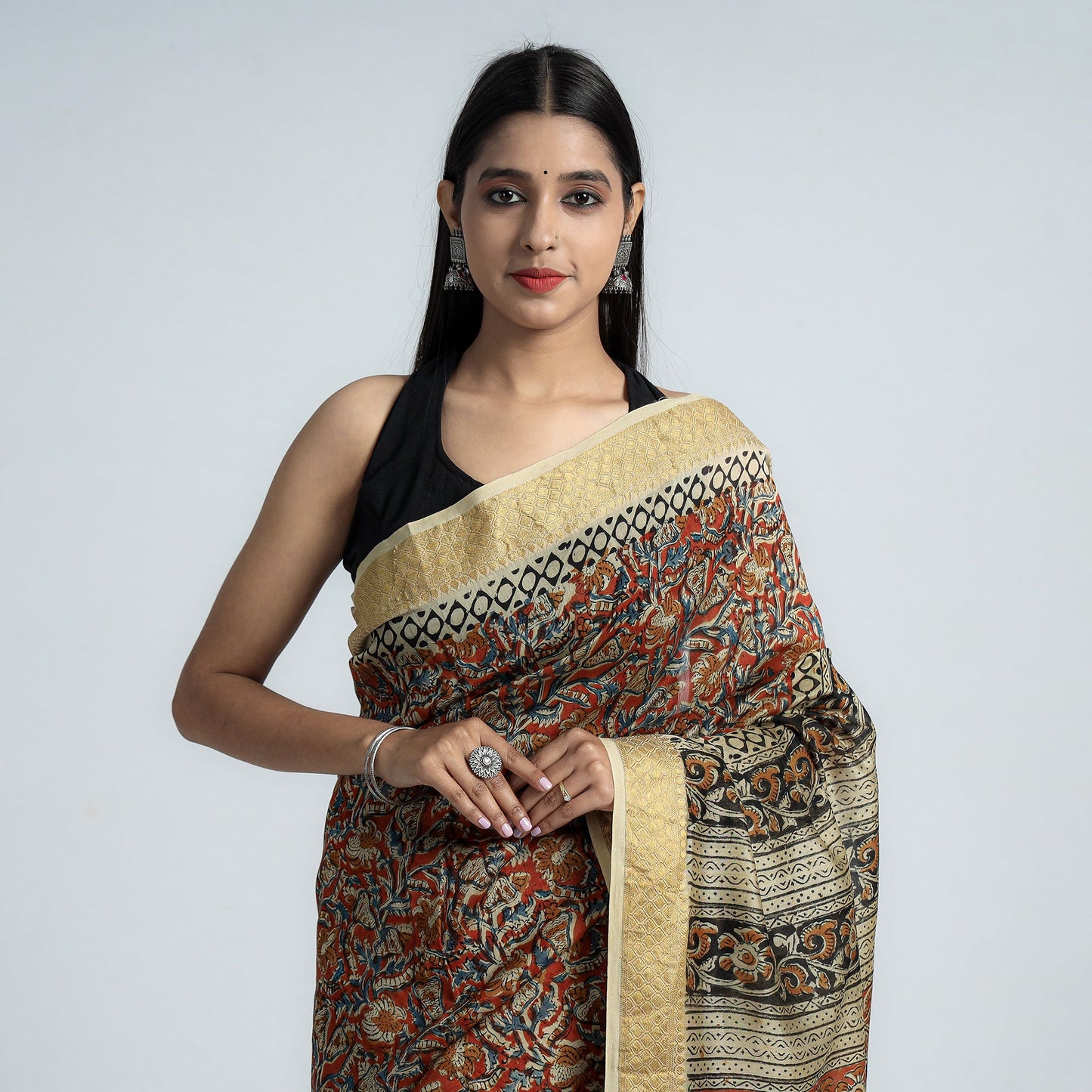 Orange Original Pedana Kalamkari Block Print Chanderi Silk Saree
