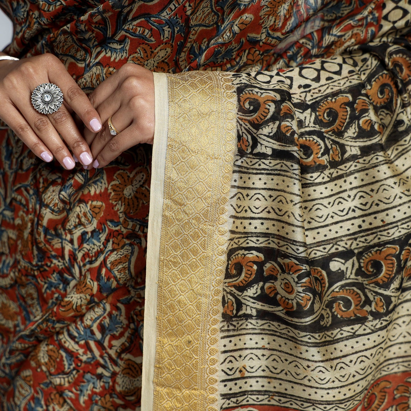 Orange Original Pedana Kalamkari Block Print Chanderi Silk Saree