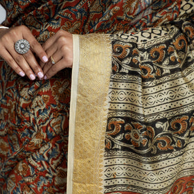 Orange Original Pedana Kalamkari Block Print Chanderi Silk Saree