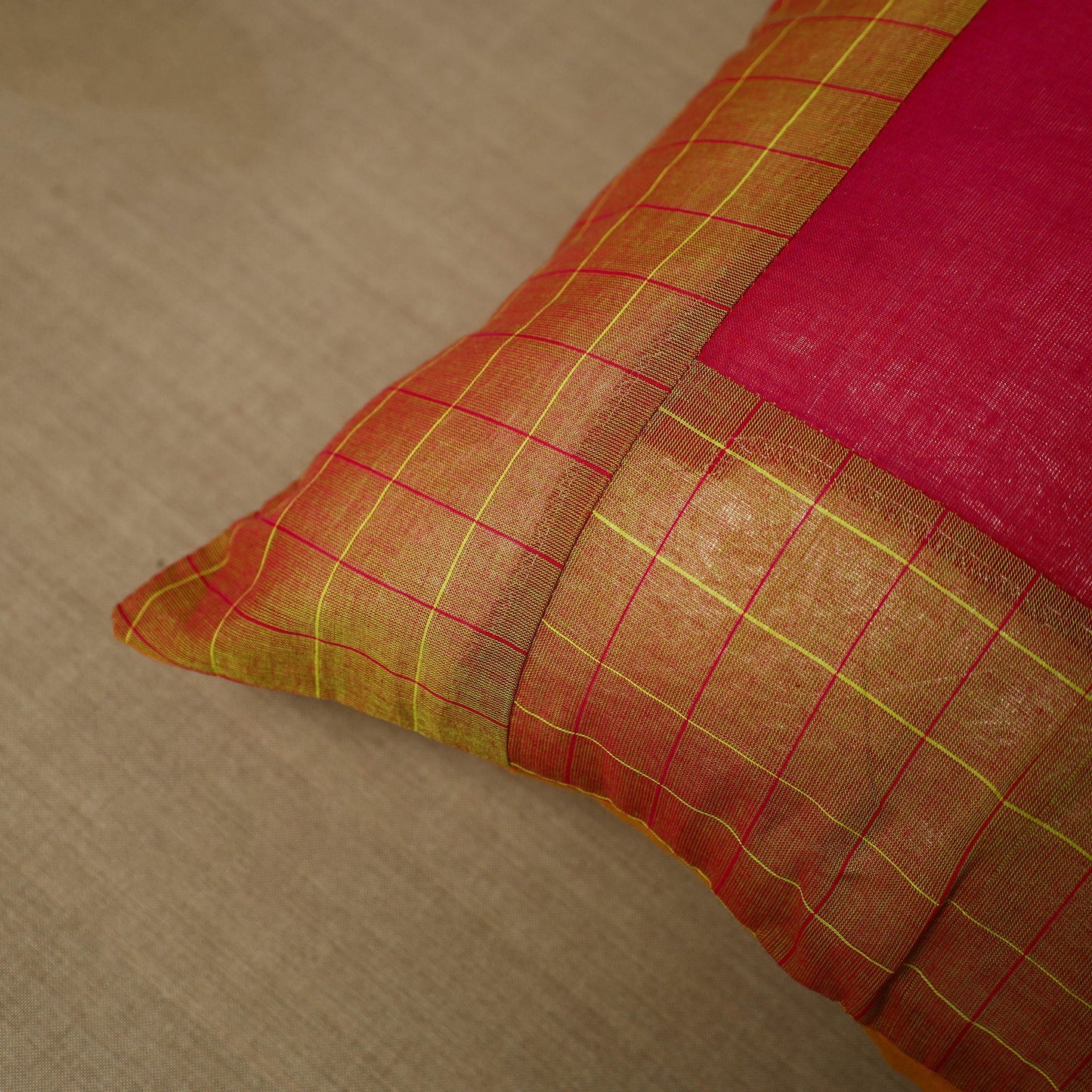 Orange - Patchwork Cotton Kanchipuram Cushion Cover (16 x 16 in) 16