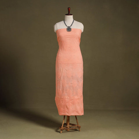 Peach Chikankari Hand Embroidery Mul Cotton Kurta Material 