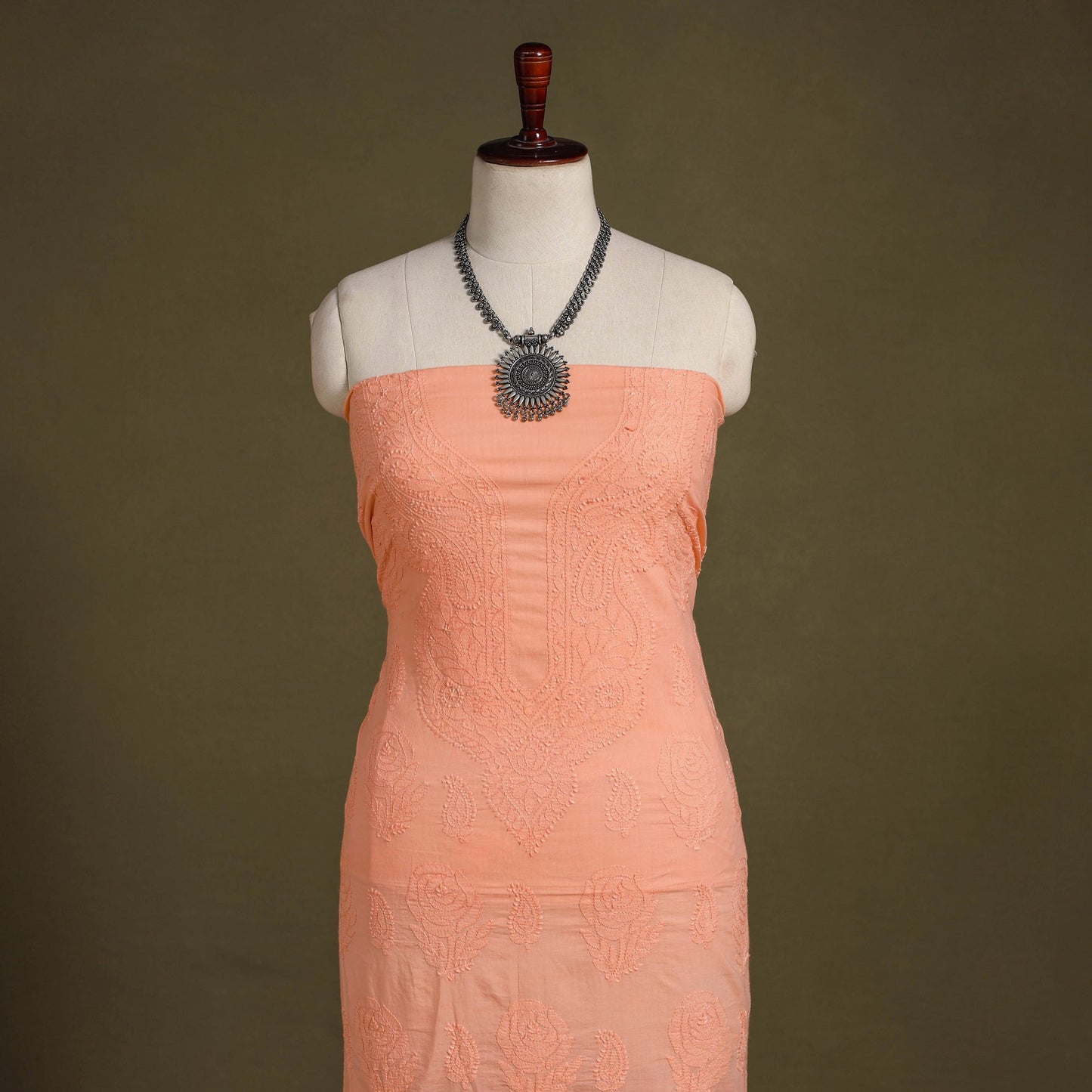 Peach Chikankari Hand Embroidery Mul Cotton Kurta Material 