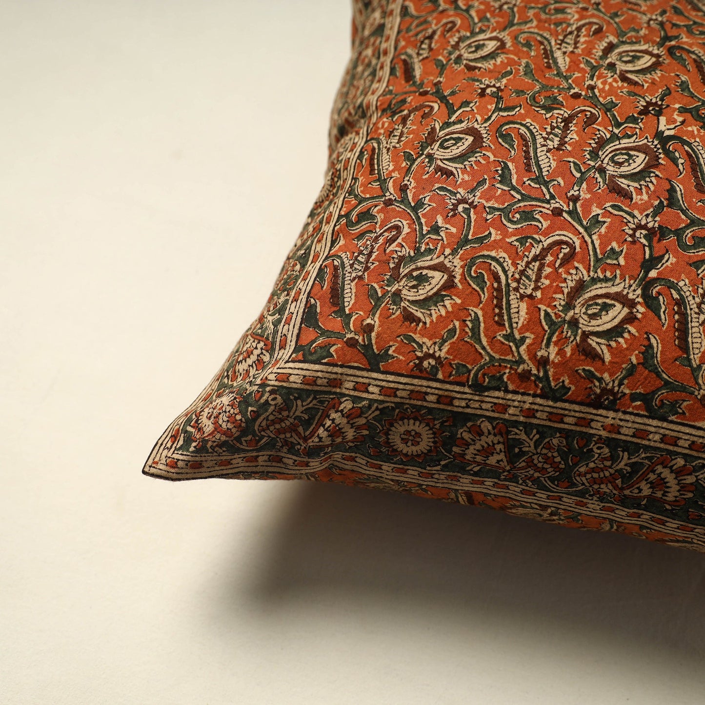 Orange Pedana Block Print Cotton Kalamkari Cushion Cover
