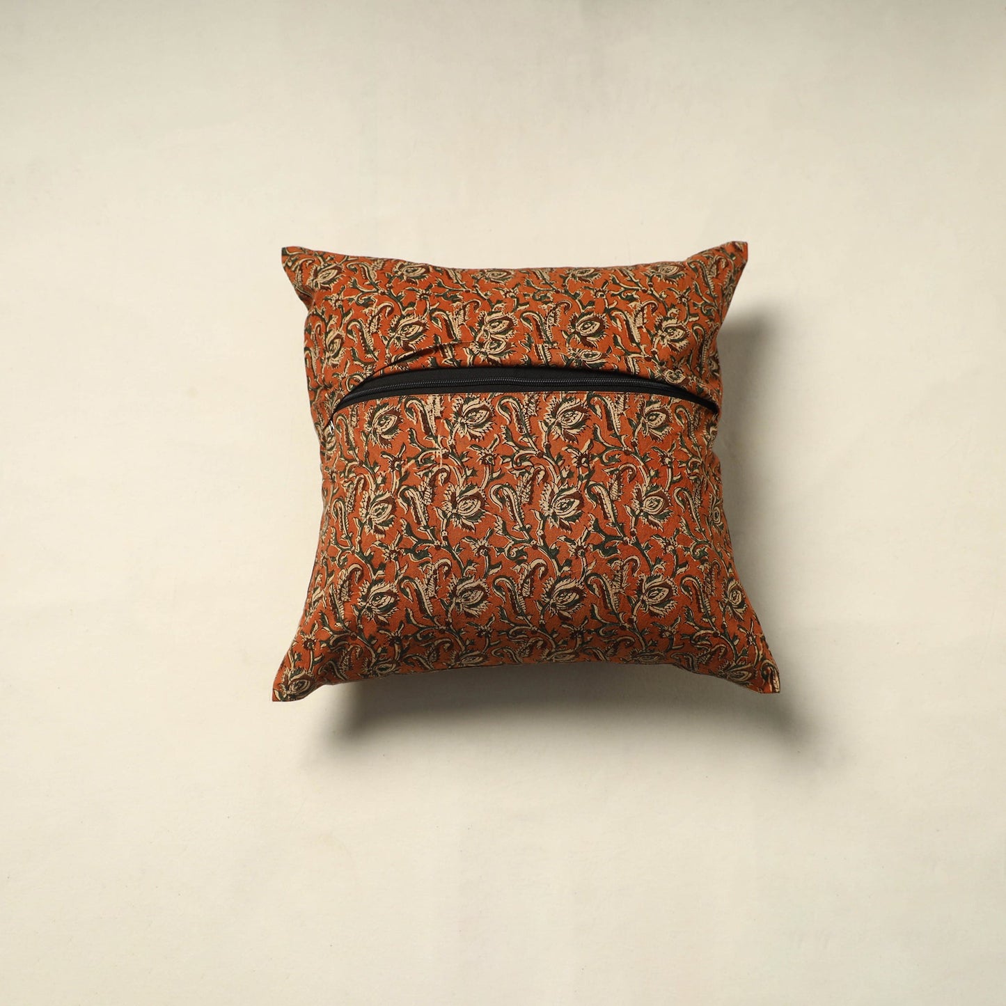 Orange Pedana Block Print Cotton Kalamkari Cushion Cover