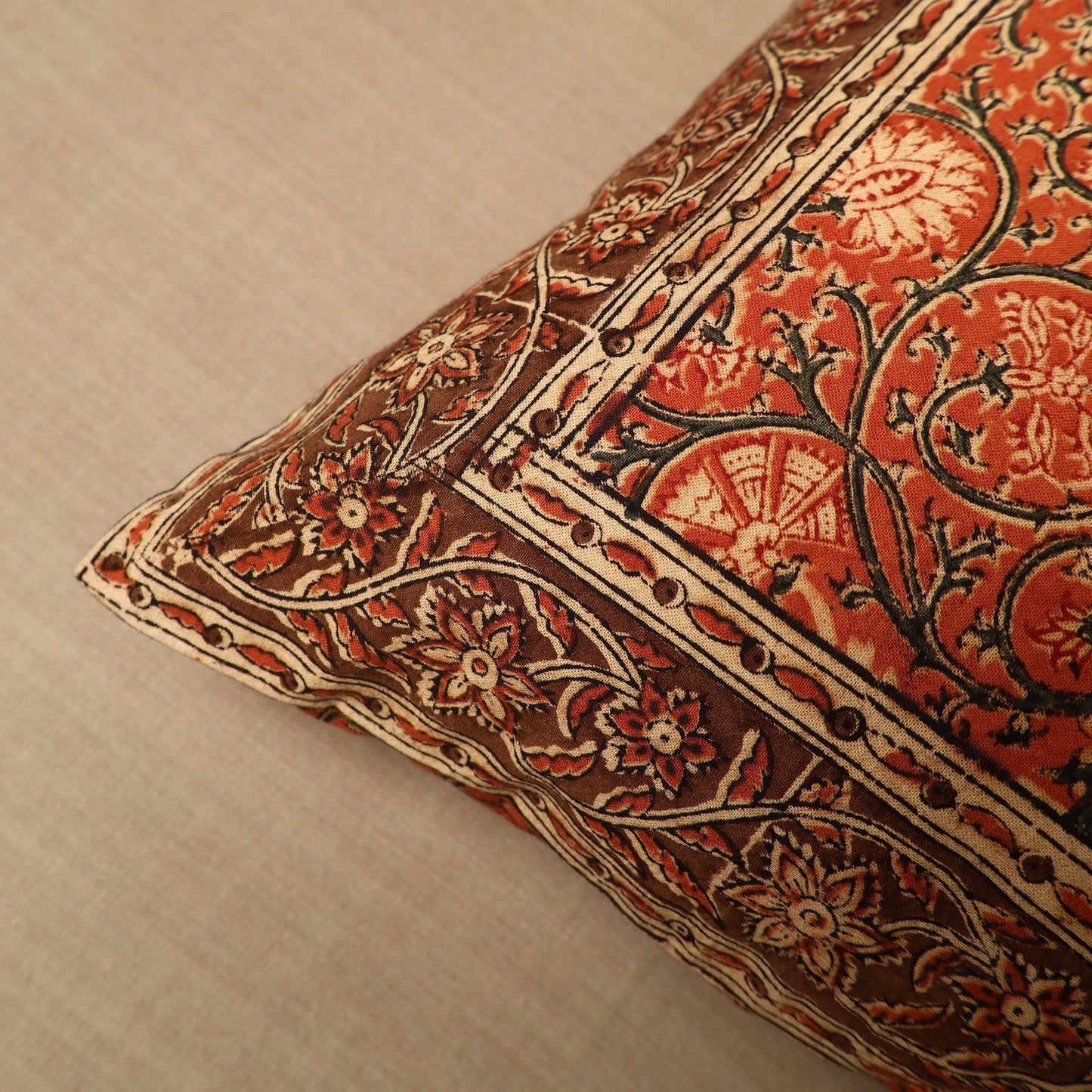  Orange Pedana Block Print Cotton Kalamkari Cushion Cover