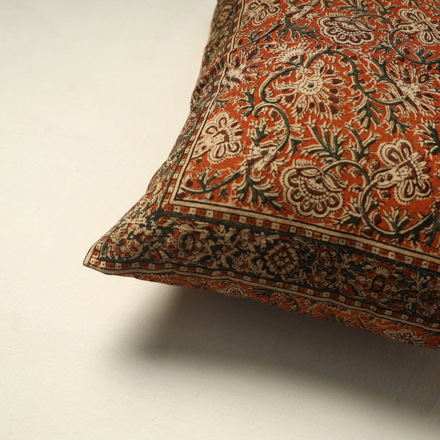 Orange Pedana Block Print Cotton Kalamkari Cushion Cover