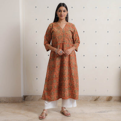 Buy Pedana Kalamkari Block Printed Cotton A-Line Kurta 05 Online at iTokri.com