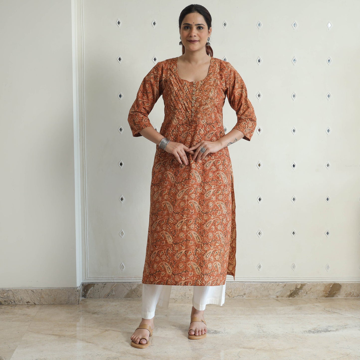 Pedana Kalamkari Block Print Cotton A-Line Kurta For Women
