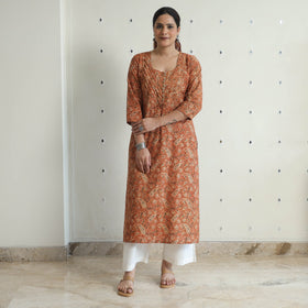 Pedana Kalamkari Block Print Cotton A-Line Kurta For Women