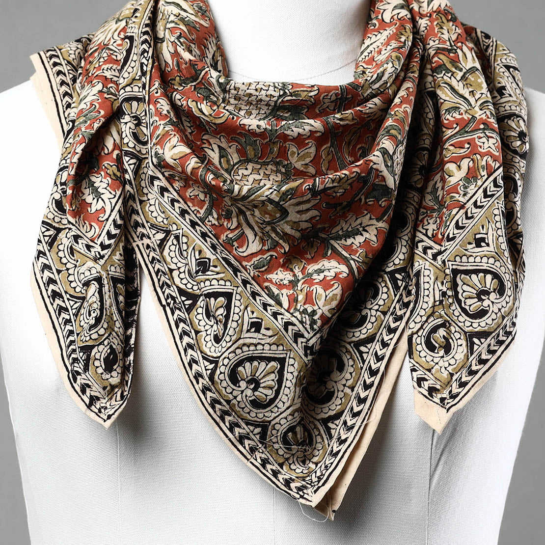 Orange Pedana Kalamkari Block Printed Natural Dyed Cotton Scarf
