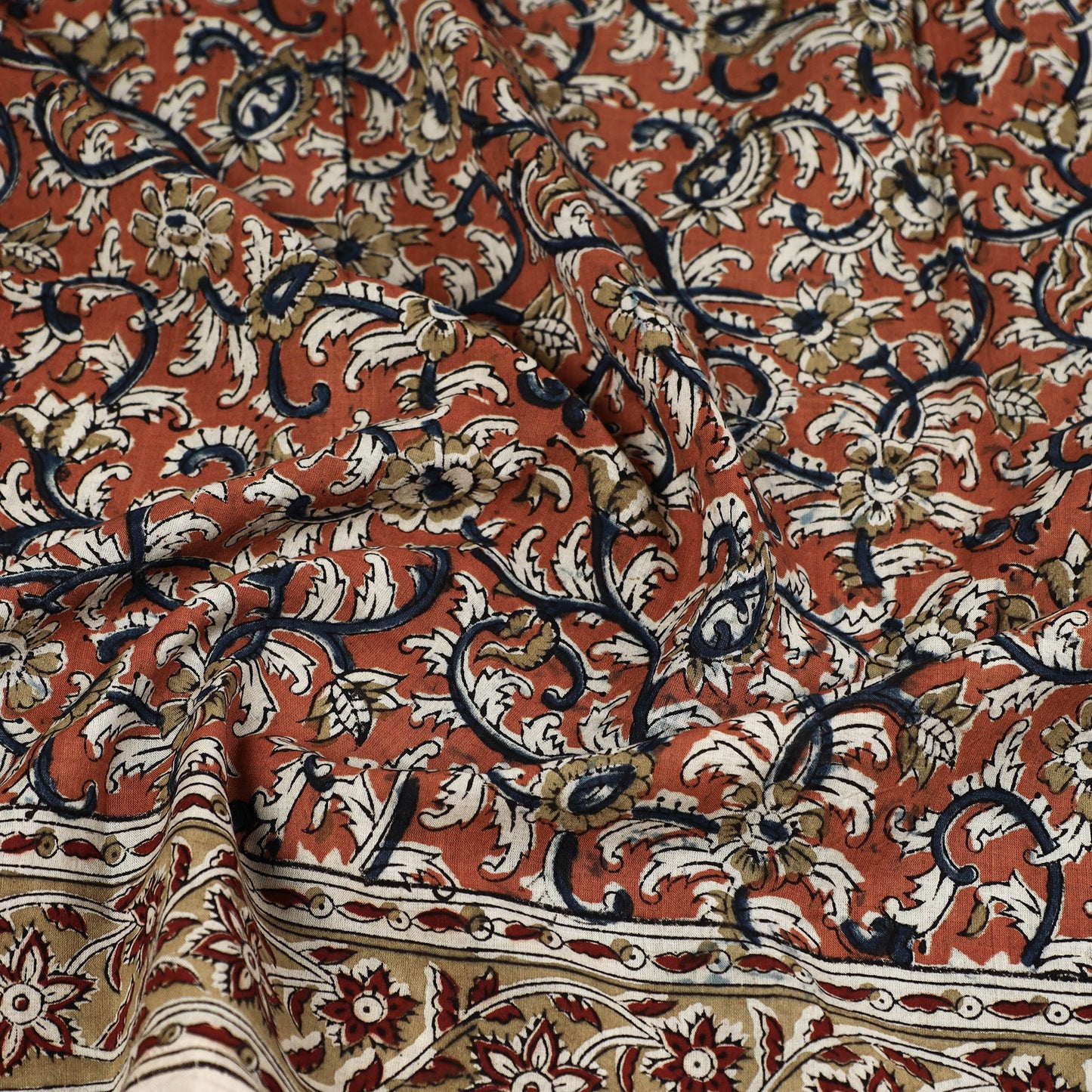 Orange Pedana Kalamkari Block Printed Natural Dyed Cotton Scarf