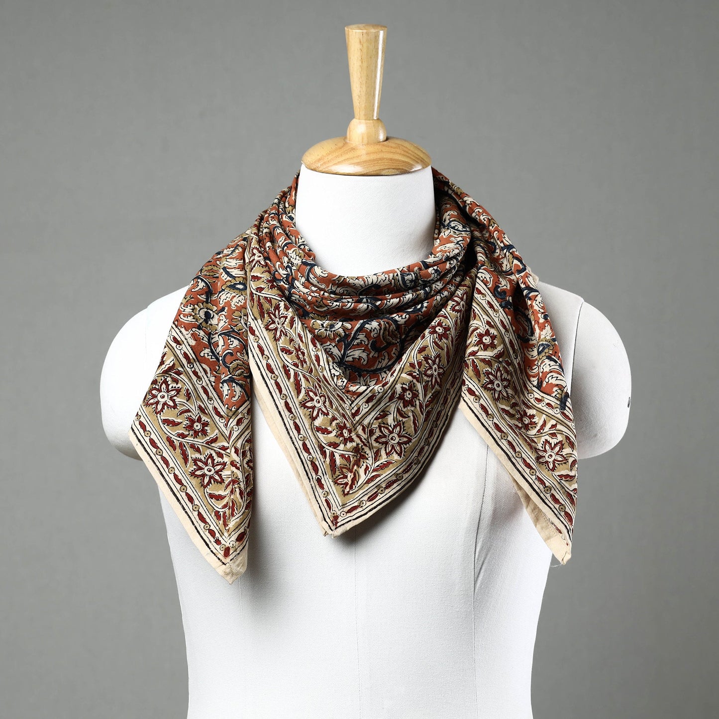 Orange Pedana Kalamkari Block Printed Natural Dyed Cotton Scarf