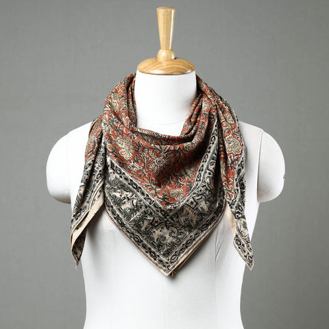 Orange Pedana Kalamkari Block Printed Natural Dyed Cotton Scarf 